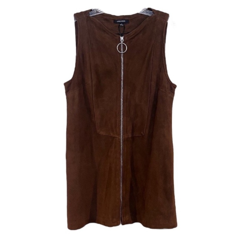 Lamarque 100% Leather Brown Suede Zip Front Structured Bohemian Mini Dress M